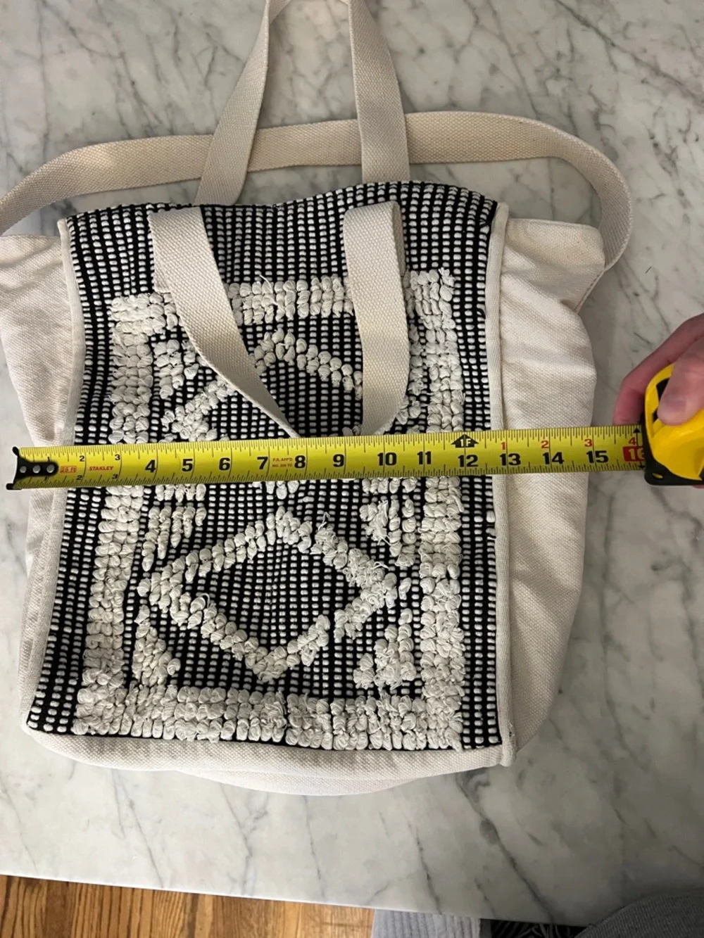 Aerie Cream and Black Woven and Canvas Tote Bag with Geometric Front Panel - Picture 3 of 9